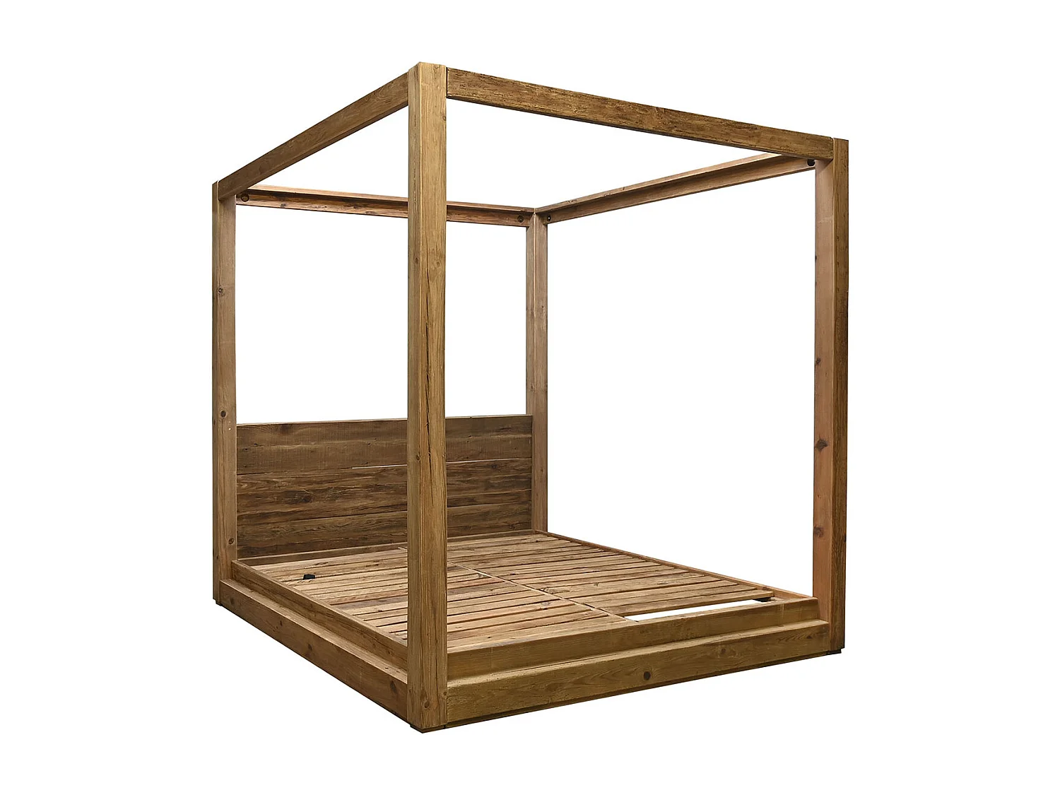 Lit adulte en bois de pin recyclé coloris naturel - longueur 202 x profondeur 222 x Hauteur 215  cm