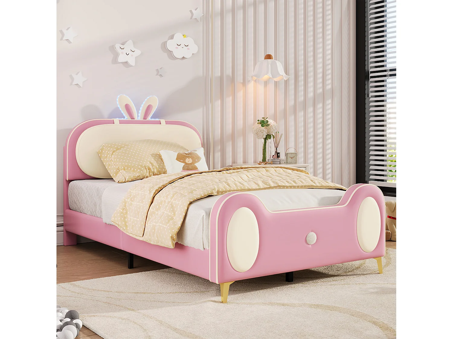 Cama infantil 90x200cm, estrutura em madeira maciça com base de ripas e cabeceira de coelho, com tiras LED, pele PU, bege + rosa