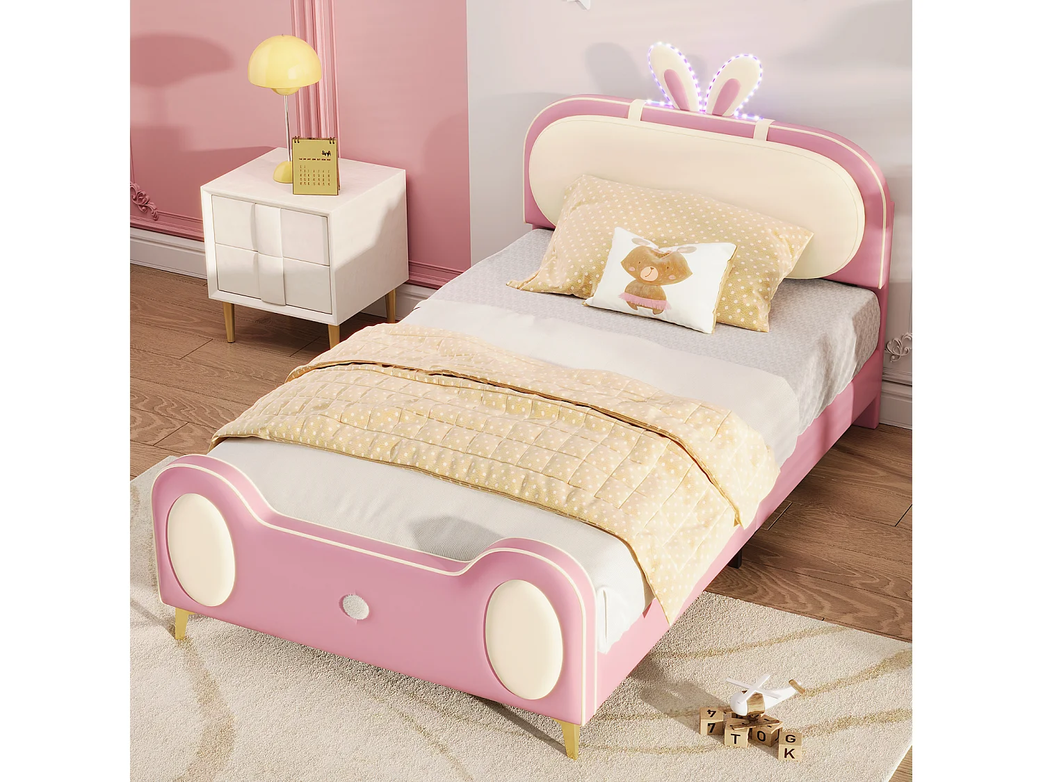 Cama infantil 90x200cm, estrutura em madeira maciça com base de ripas e cabeceira de coelho, com tiras LED, pele PU, bege + rosa