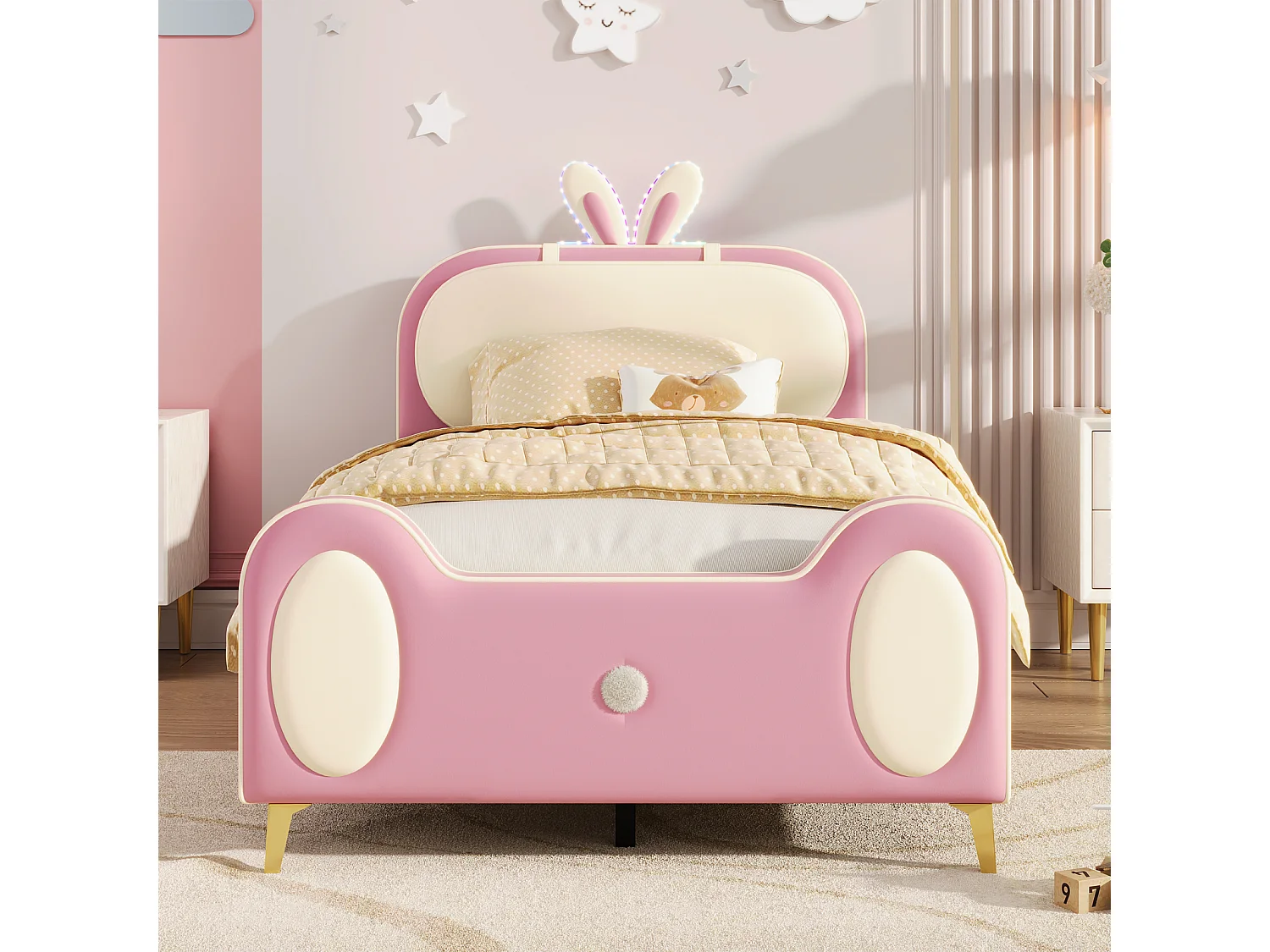 Cama infantil 90x200cm, estrutura em madeira maciça com base de ripas e cabeceira de coelho, com tiras LED, pele PU, bege + rosa
