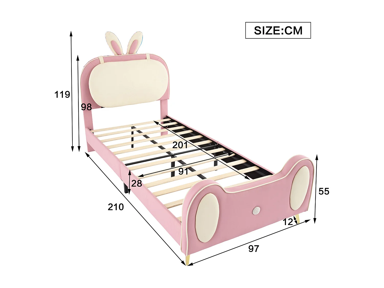 Cama infantil 90x200cm, estrutura em madeira maciça com base de ripas e cabeceira de coelho, com tiras LED, pele PU, bege + rosa