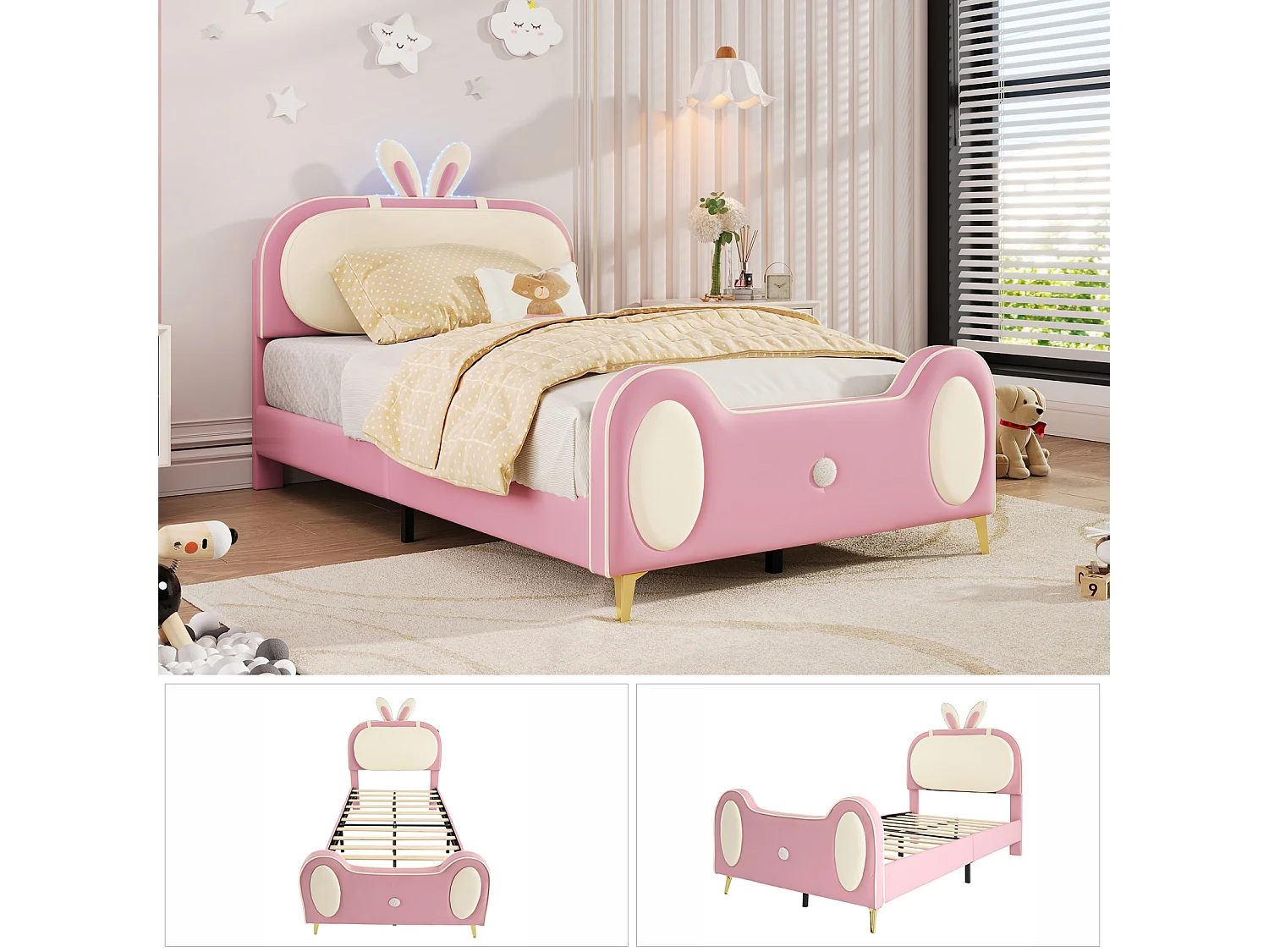 Cama infantil 90x200cm, estrutura em madeira maciça com base de ripas e cabeceira de coelho, com tiras LED, pele PU, bege + rosa