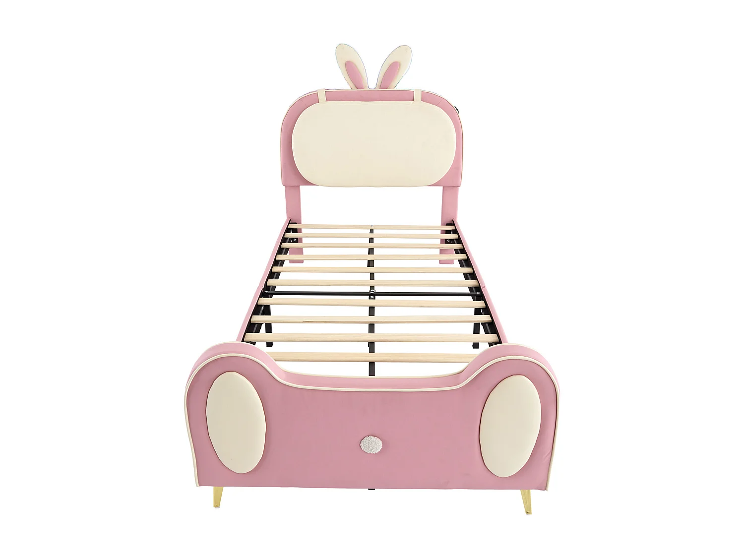 Cama infantil 90x200cm, estrutura em madeira maciça com base de ripas e cabeceira de coelho, com tiras LED, pele PU, bege + rosa