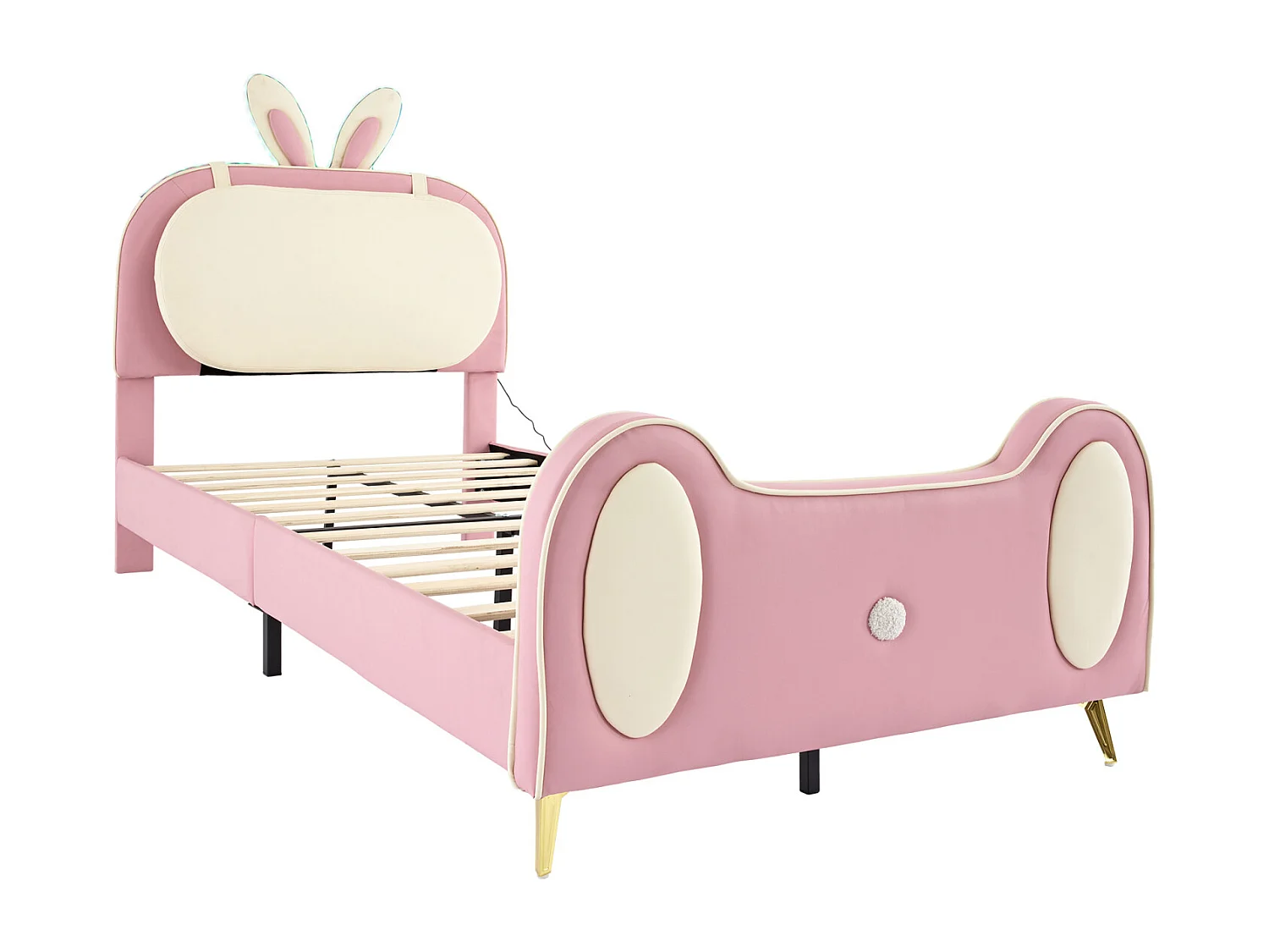 Cama infantil 90x200cm, estrutura em madeira maciça com base de ripas e cabeceira de coelho, com tiras LED, pele PU, bege + rosa
