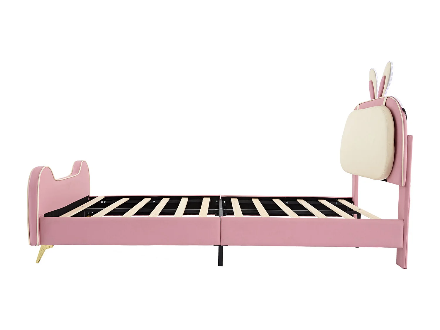 Cama infantil 90x200cm, estrutura em madeira maciça com base de ripas e cabeceira de coelho, com tiras LED, pele PU, bege + rosa