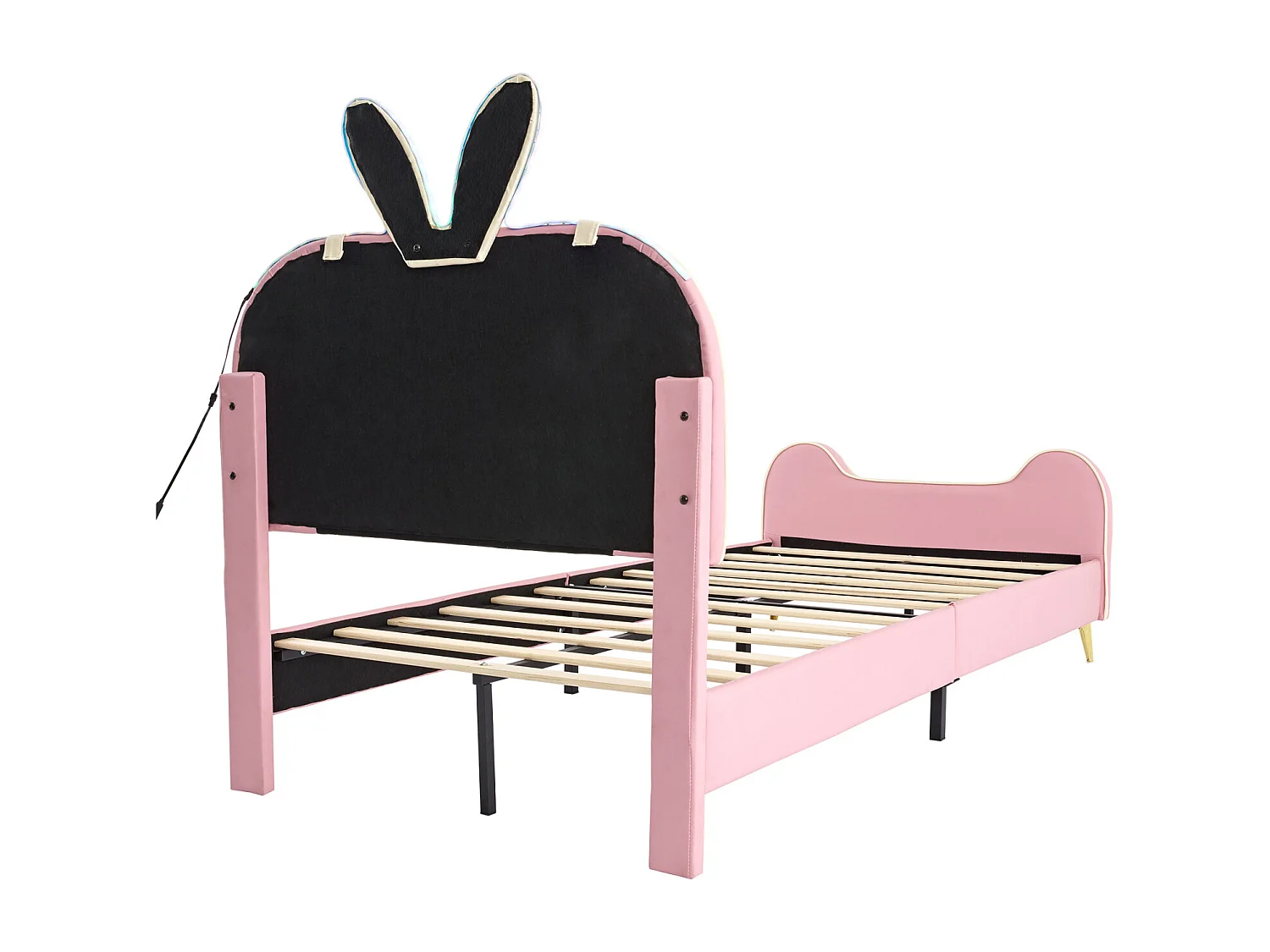 Cama infantil 90x200cm, estrutura em madeira maciça com base de ripas e cabeceira de coelho, com tiras LED, pele PU, bege + rosa