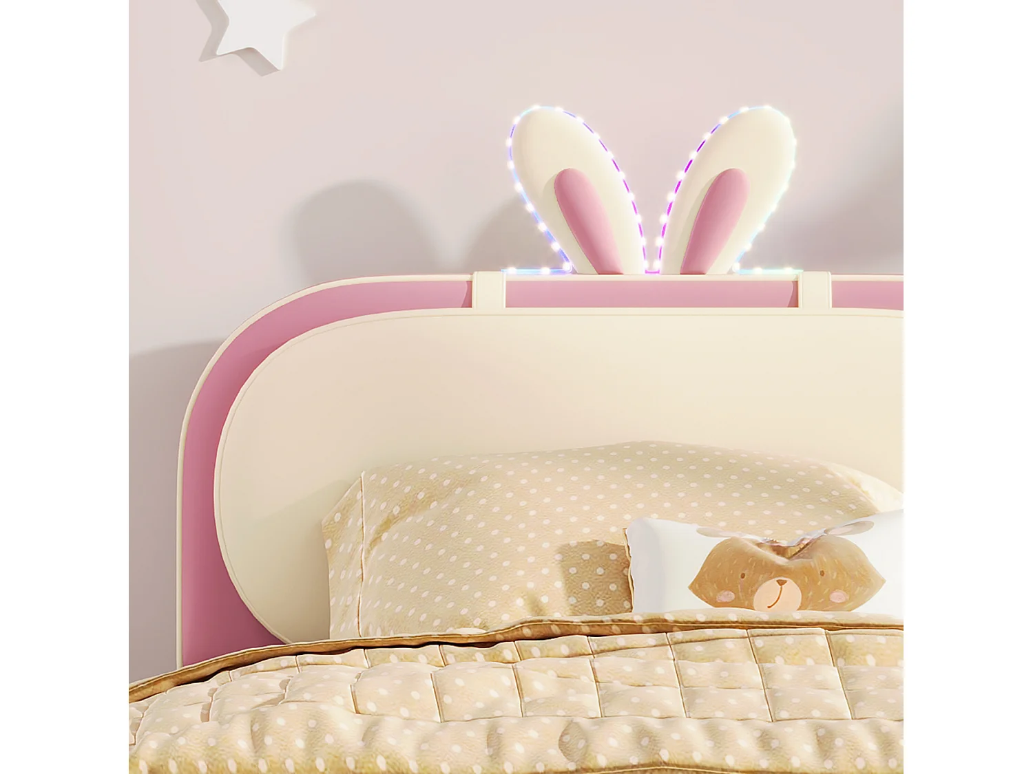 Cama infantil 90x200cm, estrutura em madeira maciça com base de ripas e cabeceira de coelho, com tiras LED, pele PU, bege + rosa
