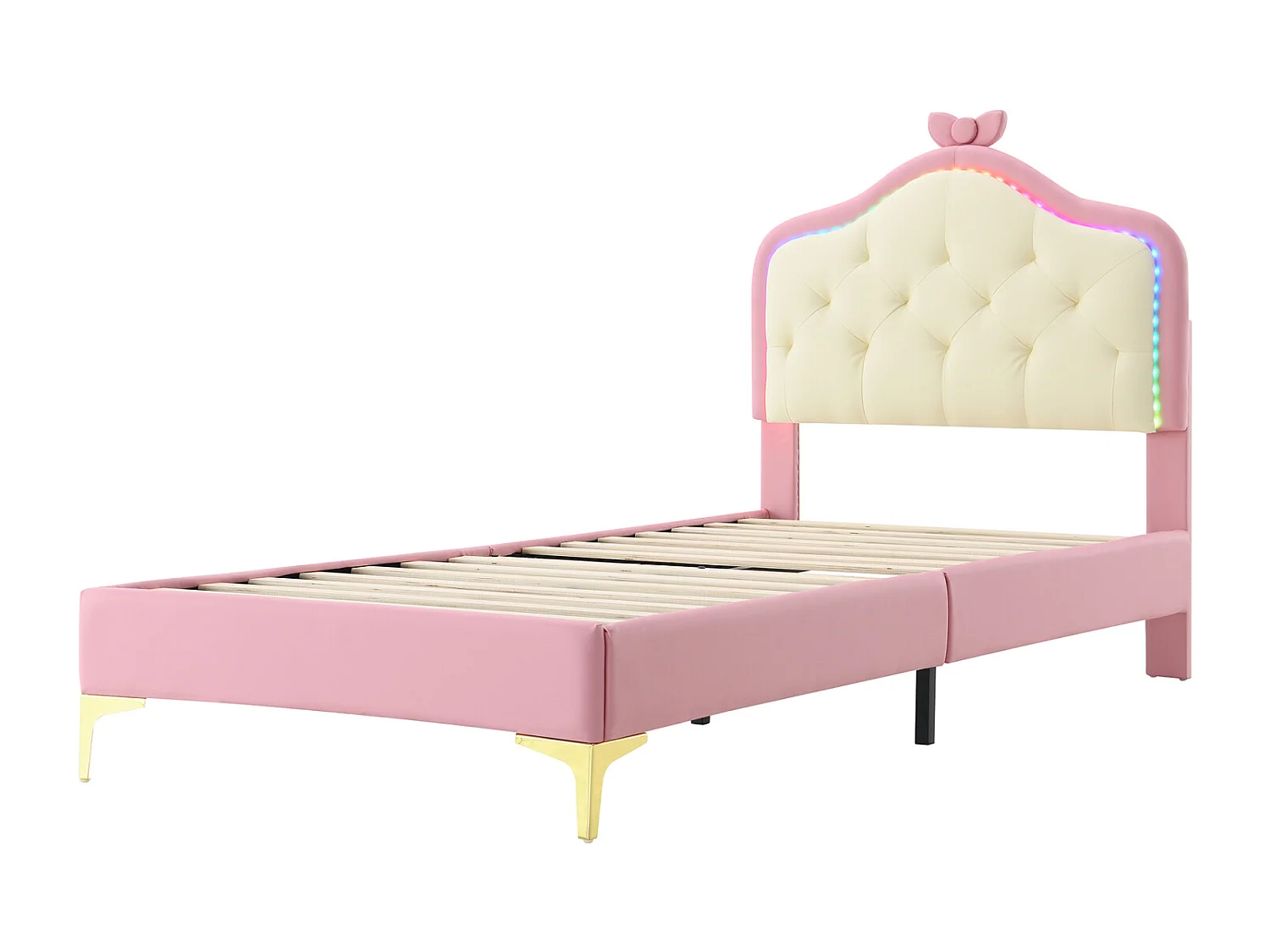 Lit simple 90x200cm, lit capitonné PU avec bandes LED couleurs variées, sommier à lattes, et tête de lit en forme de vague avec point de traction, rose