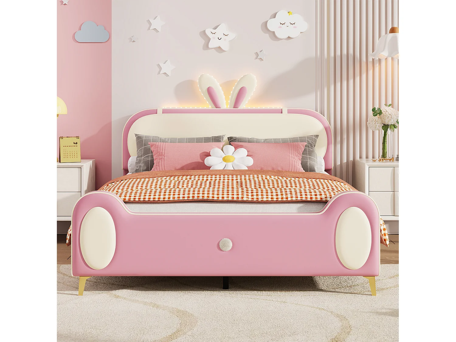 Letto per bambini 140x200cm, struttura in legno massello con rete a doghe e testiera a forma di coniglio, con strisce LED, pelle PU, beige + rosa