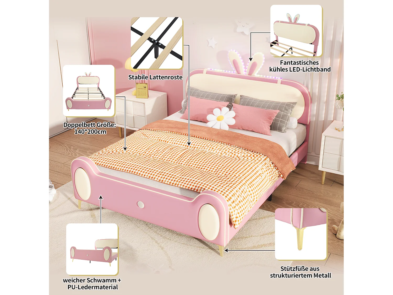 Letto per bambini 140x200cm, struttura in legno massello con rete a doghe e testiera a forma di coniglio, con strisce LED, pelle PU, beige + rosa