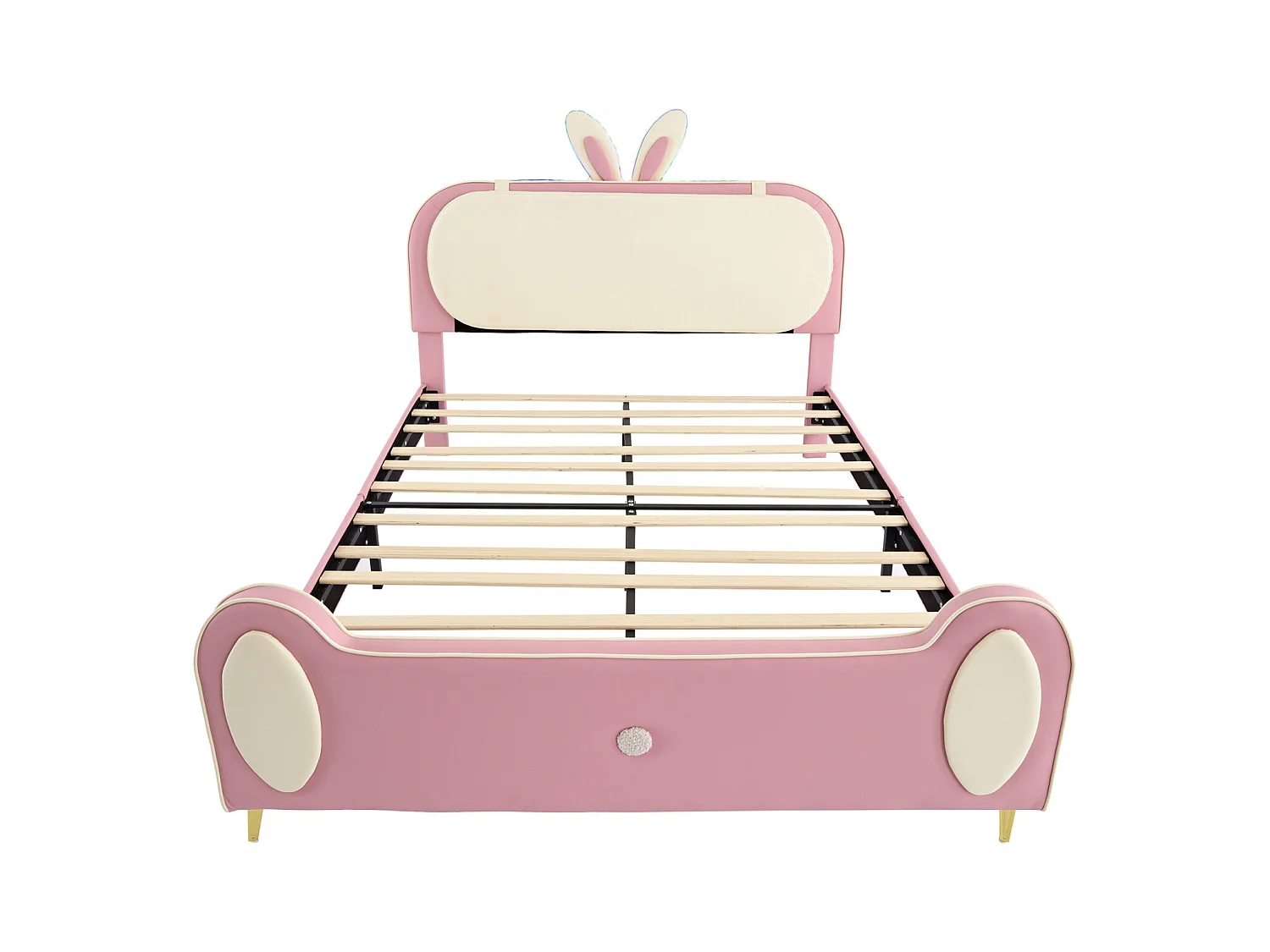 Letto per bambini 140x200cm, struttura in legno massello con rete a doghe e testiera a forma di coniglio, con strisce LED, pelle PU, beige + rosa