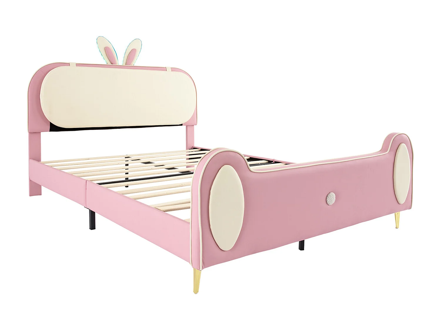 Letto per bambini 140x200cm, struttura in legno massello con rete a doghe e testiera a forma di coniglio, con strisce LED, pelle PU, beige + rosa