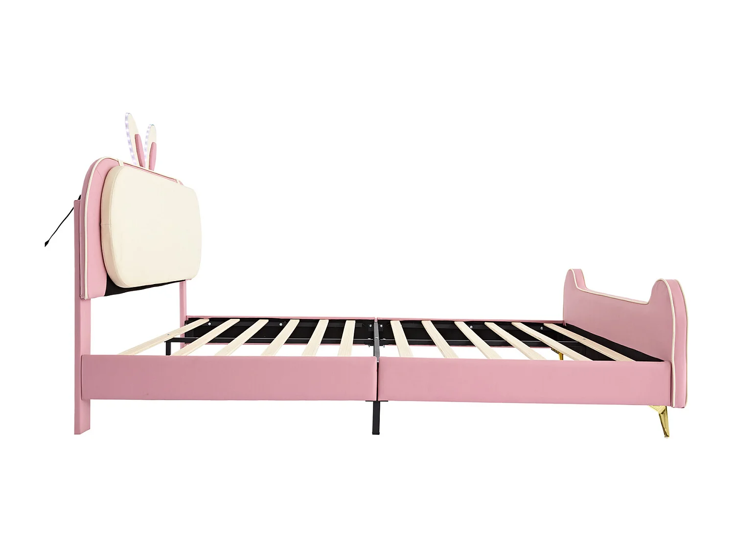 Letto per bambini 140x200cm, struttura in legno massello con rete a doghe e testiera a forma di coniglio, con strisce LED, pelle PU, beige + rosa