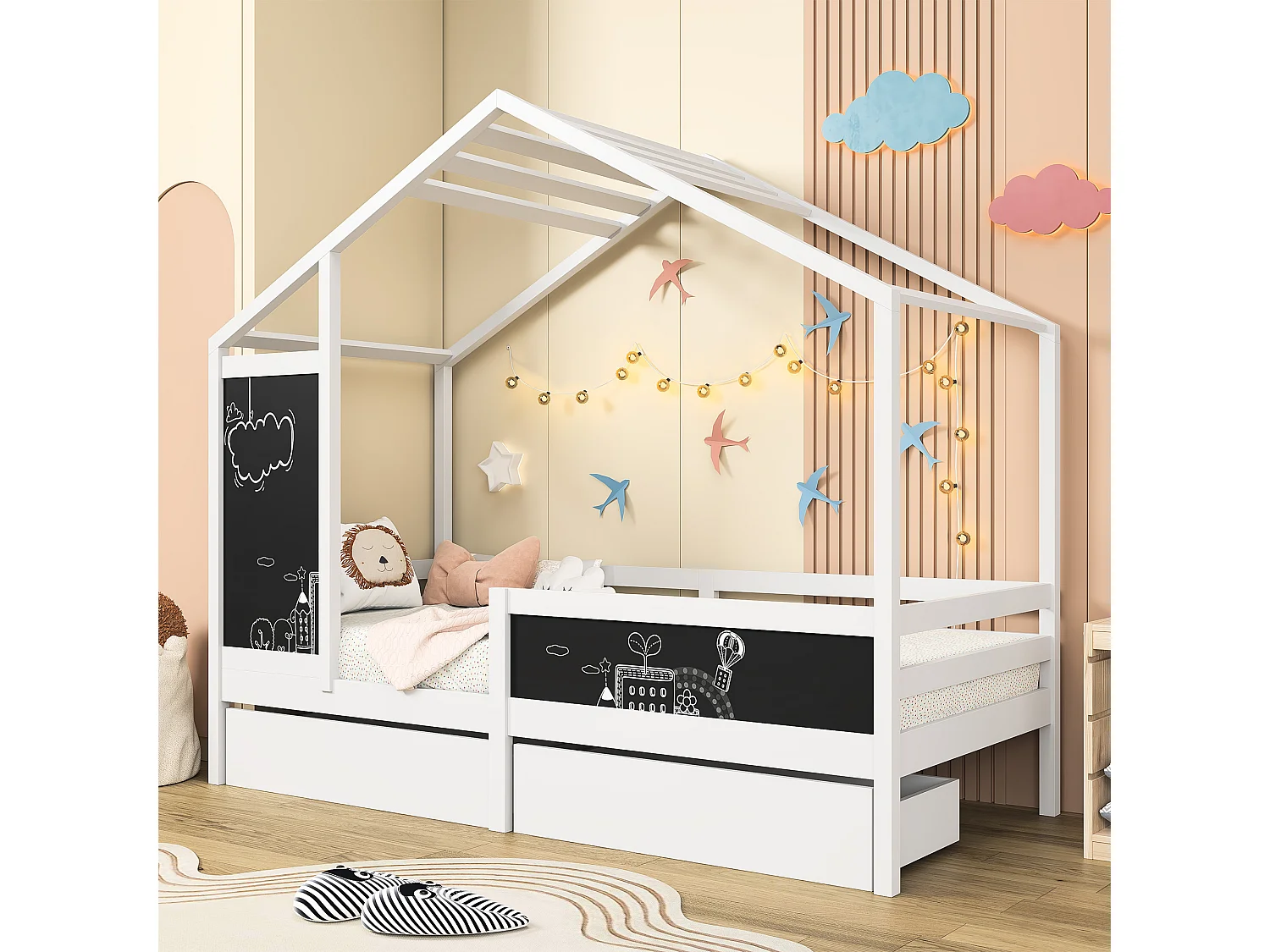 Cama infantil 90 x 200 cm - Branca - com 2 quadros e 2 gavetas - Base de ripas de pinho resistente - Estrutura de cama infantil - com cerca e base de ripas