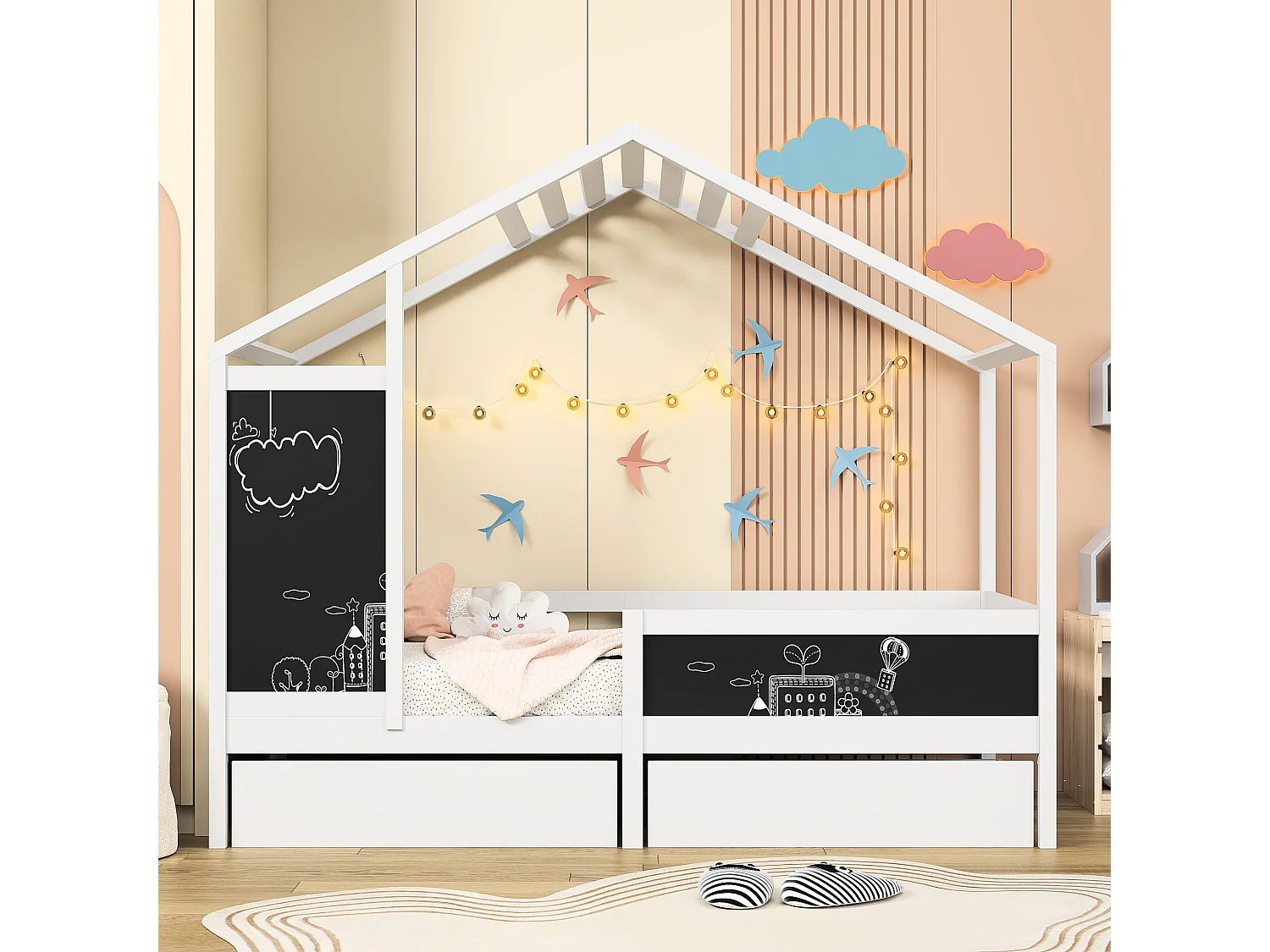 Cama infantil 90 x 200 cm - Branca - com 2 quadros e 2 gavetas - Base de ripas de pinho resistente - Estrutura de cama infantil - com cerca e base de ripas