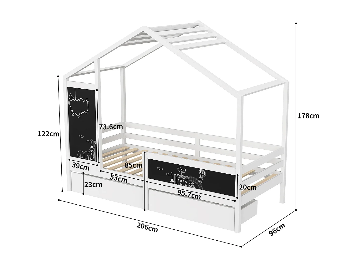 Cama infantil 90 x 200 cm - Branca - com 2 quadros e 2 gavetas - Base de ripas de pinho resistente - Estrutura de cama infantil - com cerca e base de ripas