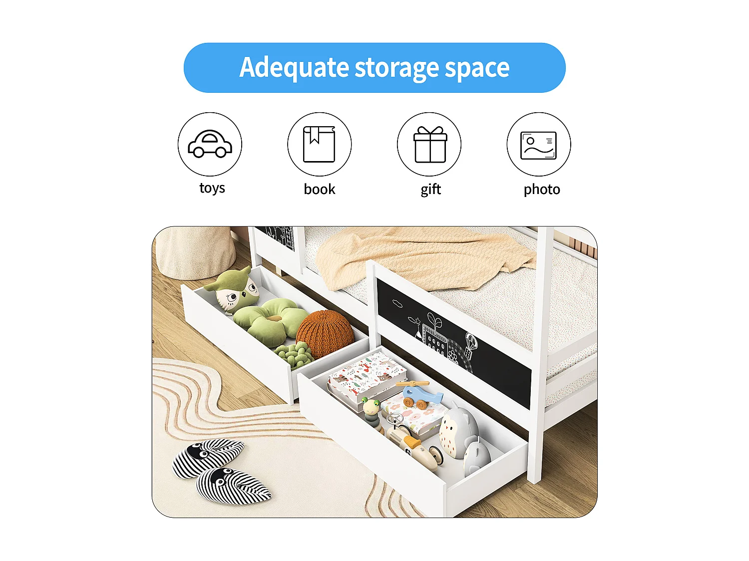 Cama infantil 90 x 200 cm - Branca - com 2 quadros e 2 gavetas - Base de ripas de pinho resistente - Estrutura de cama infantil - com cerca e base de ripas