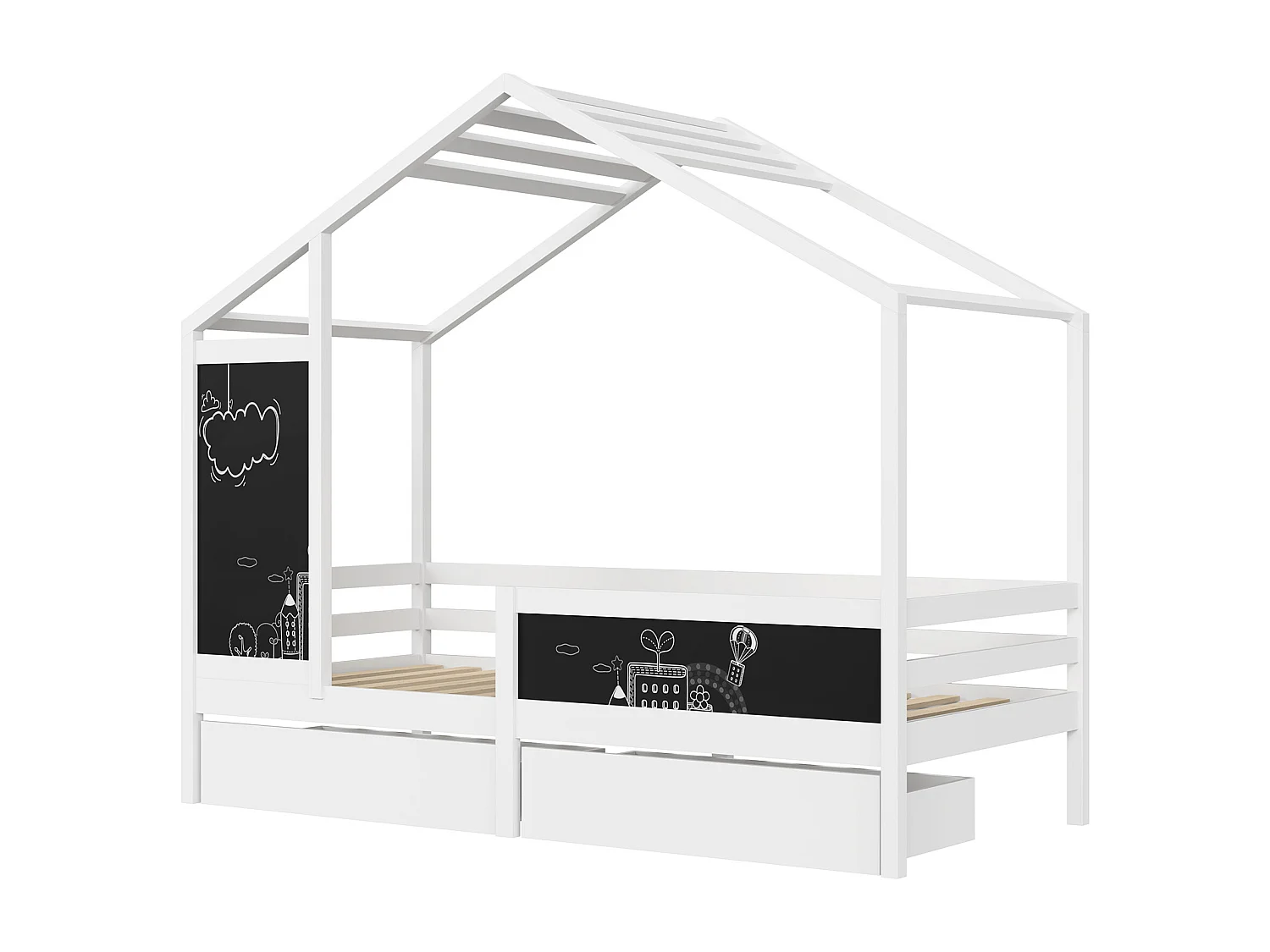 Cama infantil 90 x 200 cm - Branca - com 2 quadros e 2 gavetas - Base de ripas de pinho resistente - Estrutura de cama infantil - com cerca e base de ripas