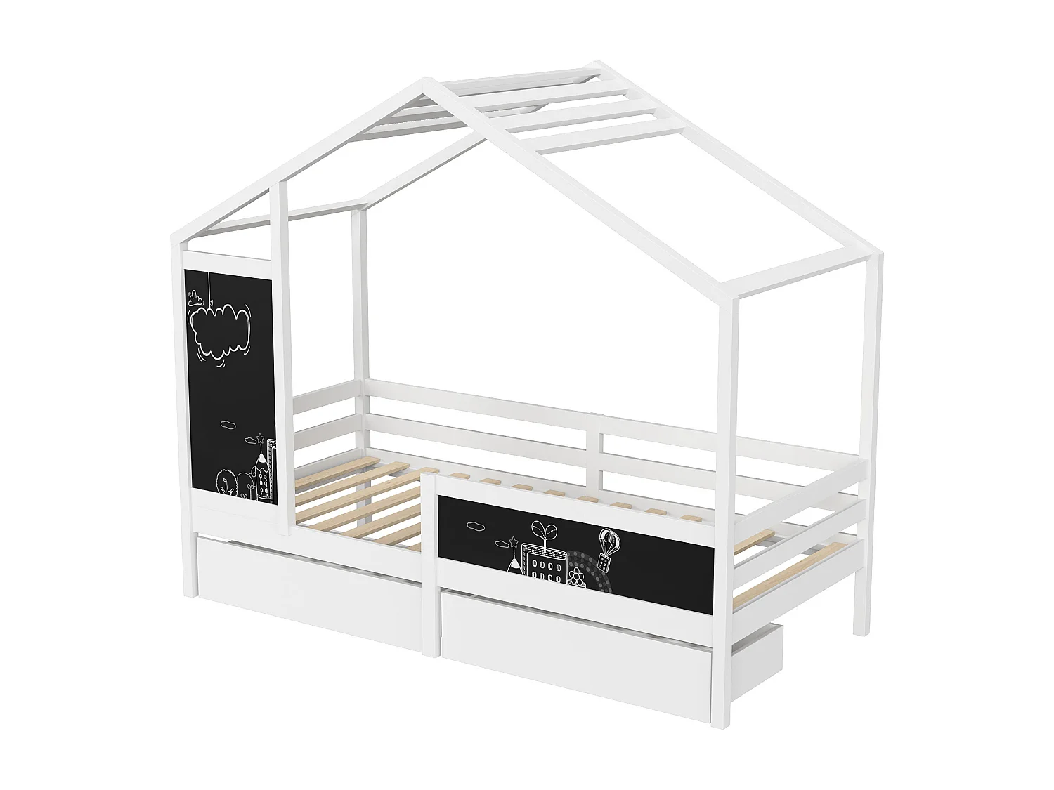 Cama infantil 90 x 200 cm - Branca - com 2 quadros e 2 gavetas - Base de ripas de pinho resistente - Estrutura de cama infantil - com cerca e base de ripas