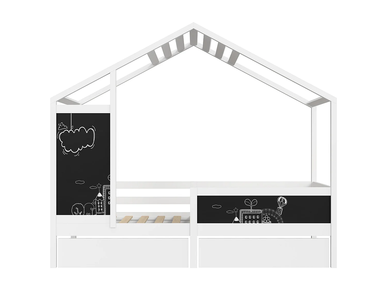 Cama infantil 90 x 200 cm - Branca - com 2 quadros e 2 gavetas - Base de ripas de pinho resistente - Estrutura de cama infantil - com cerca e base de ripas