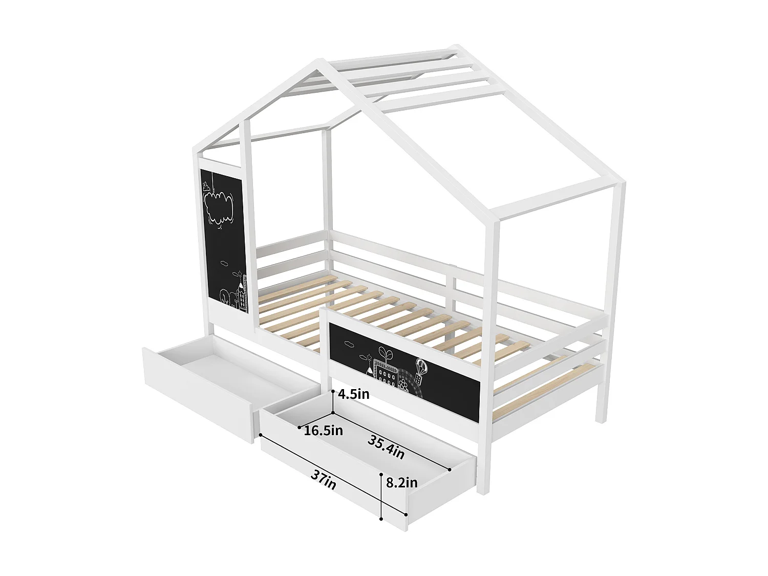Cama infantil 90 x 200 cm - Branca - com 2 quadros e 2 gavetas - Base de ripas de pinho resistente - Estrutura de cama infantil - com cerca e base de ripas