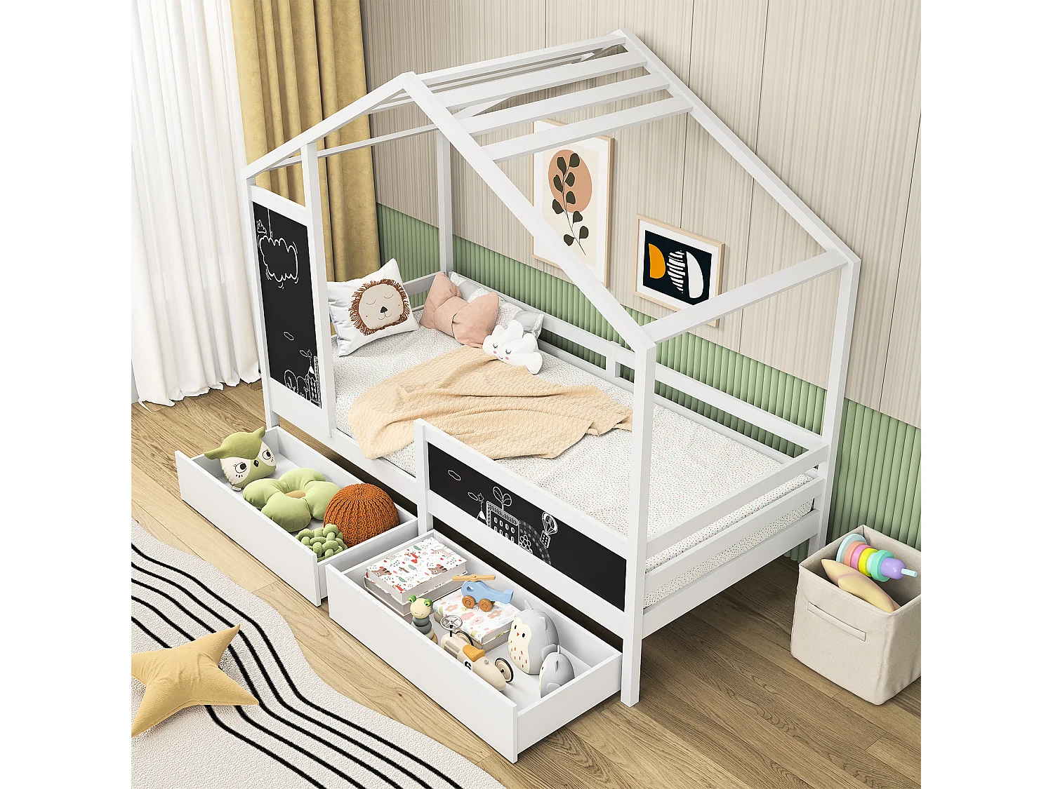 Cama infantil 90 x 200 cm - Branca - com 2 quadros e 2 gavetas - Base de ripas de pinho resistente - Estrutura de cama infantil - com cerca e base de ripas