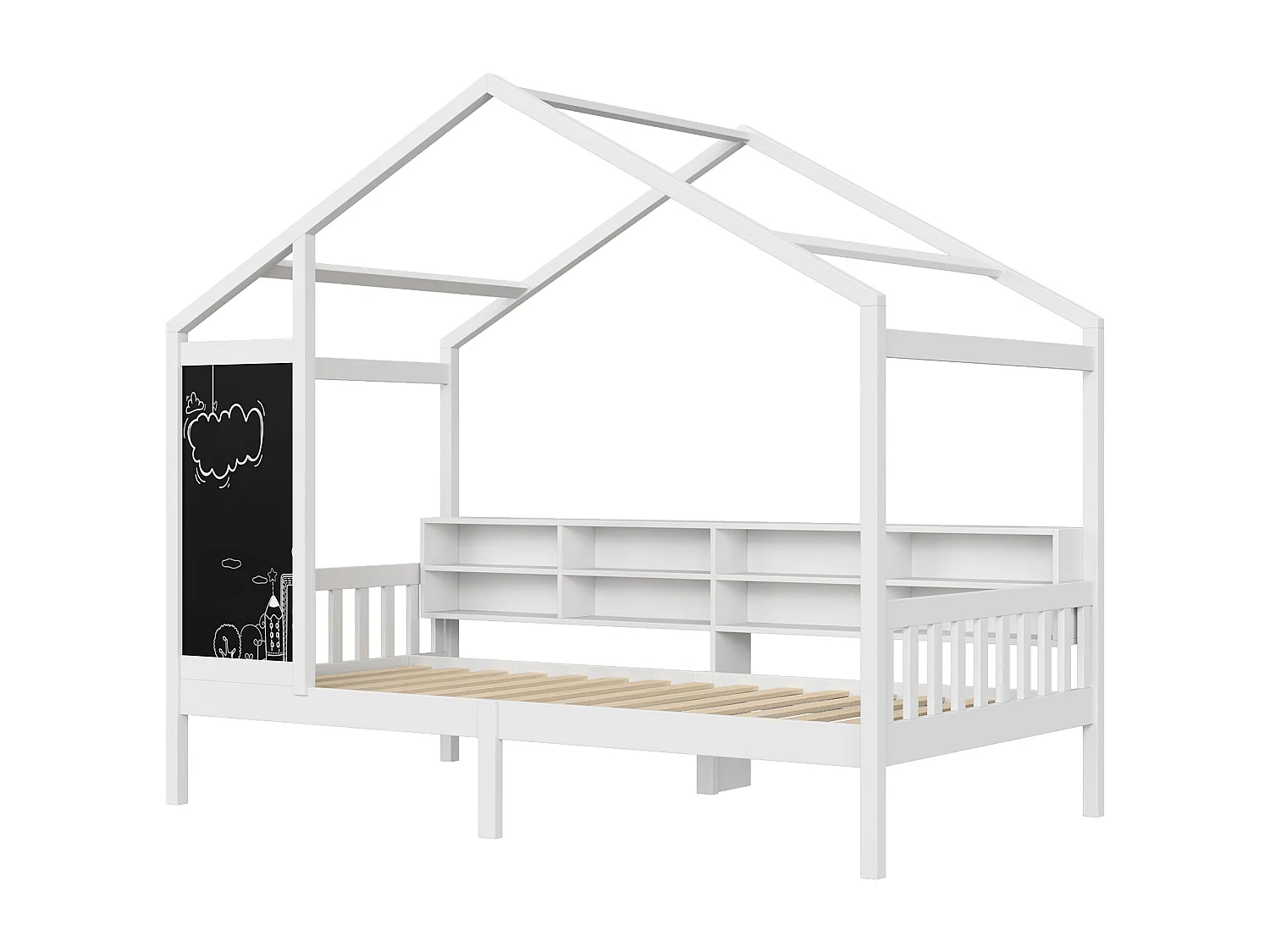 Letto per bambini 90 x 200 cm - Bianco - con lavagna e ripiano portaoggetti - Robusta rete a doghe in pino - Struttura per letto per bambini