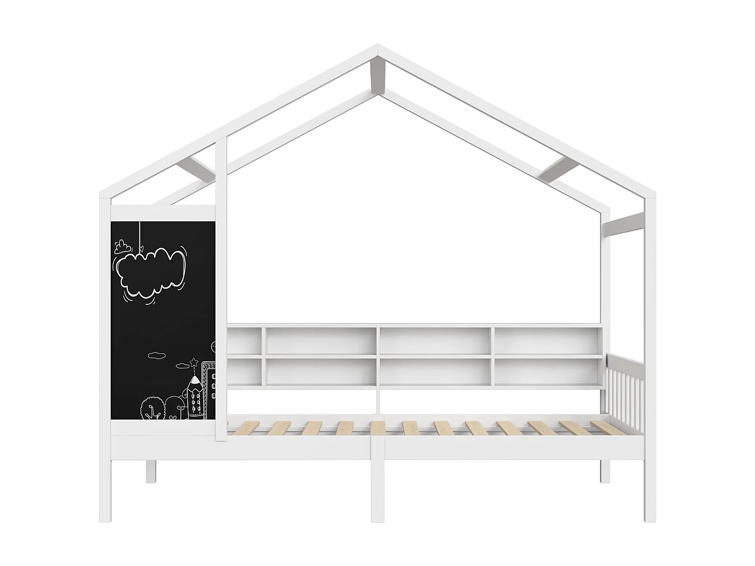 Letto per bambini 90 x 200 cm - Bianco - con lavagna e ripiano portaoggetti - Robusta rete a doghe in pino - Struttura per letto per bambini