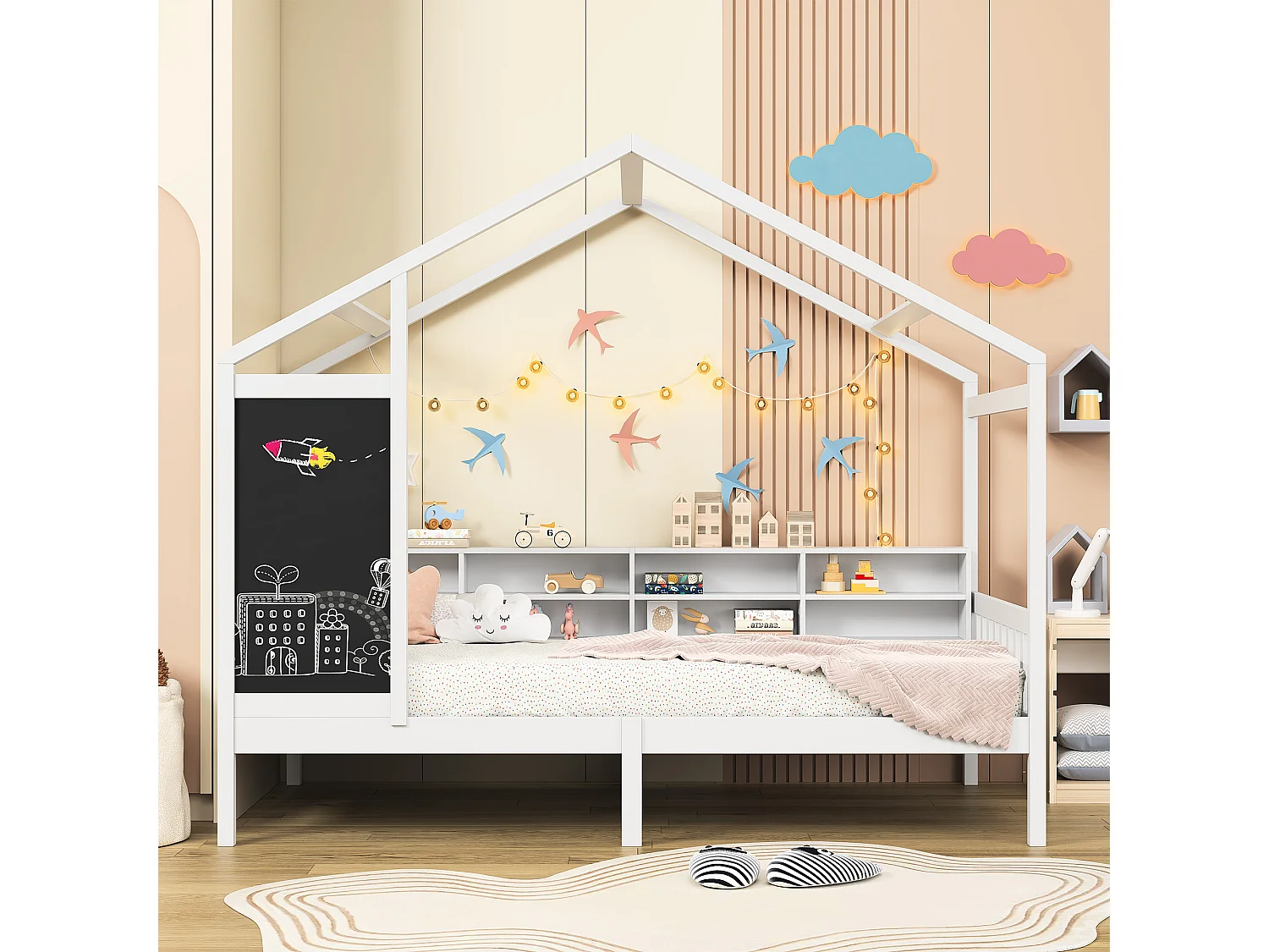 Letto per bambini 90 x 200 cm - Bianco - con lavagna e ripiano portaoggetti - Robusta rete a doghe in pino - Struttura per letto per bambini