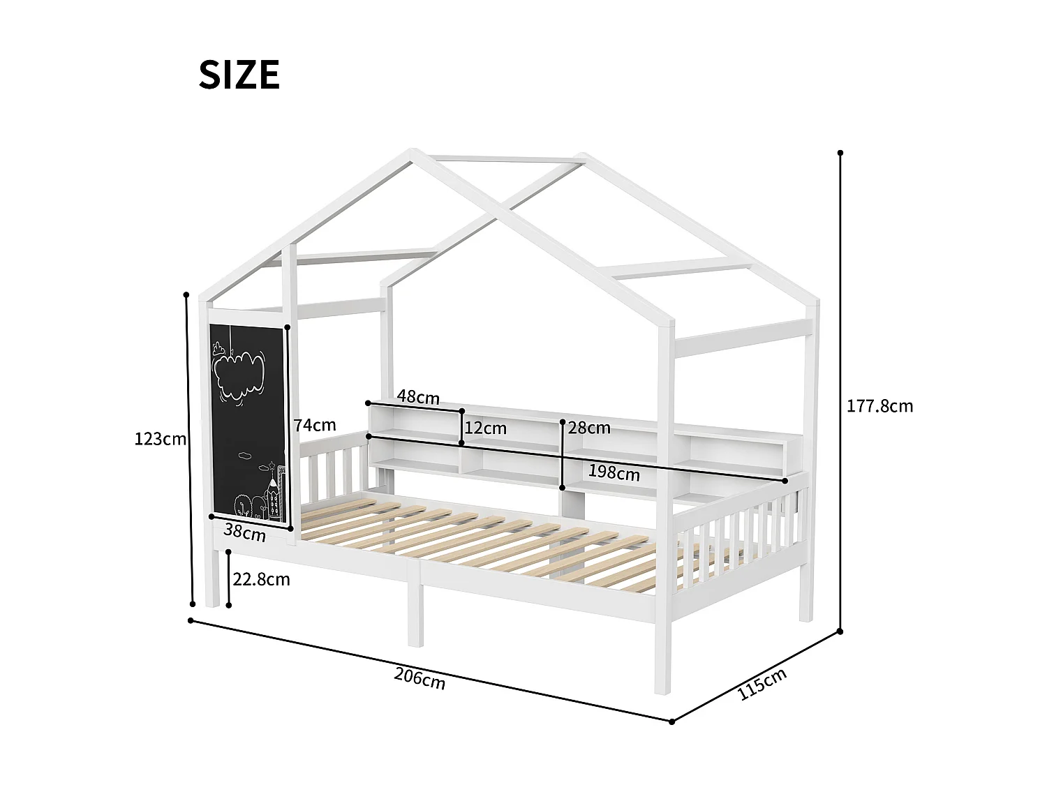 Letto per bambini 90 x 200 cm - Bianco - con lavagna e ripiano portaoggetti - Robusta rete a doghe in pino - Struttura per letto per bambini