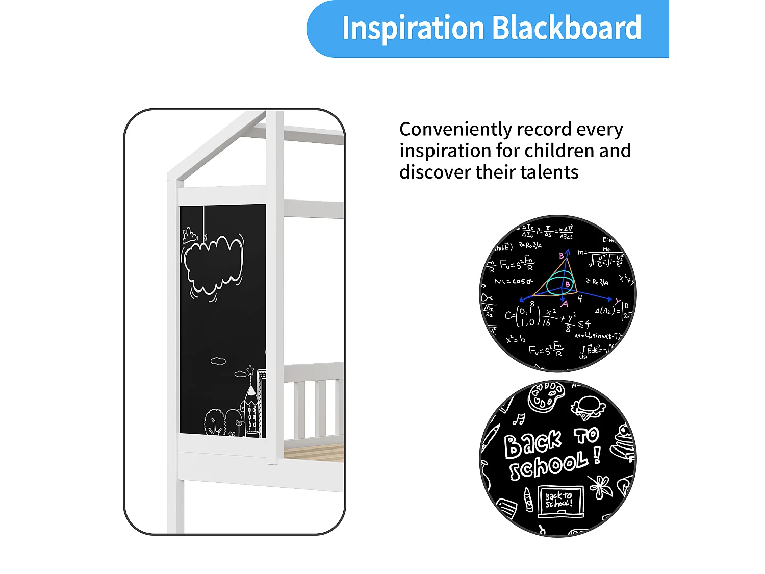 Letto per bambini 90 x 200 cm - Bianco - con lavagna e ripiano portaoggetti - Robusta rete a doghe in pino - Struttura per letto per bambini