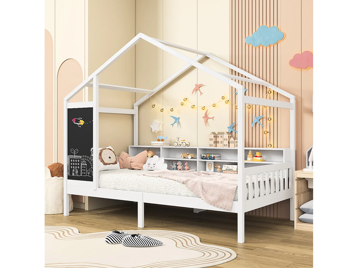 Letto per bambini 90 x 200 cm - Bianco - con lavagna e ripiano portaoggetti - Robusta rete a doghe in pino - Struttura per letto per bambini