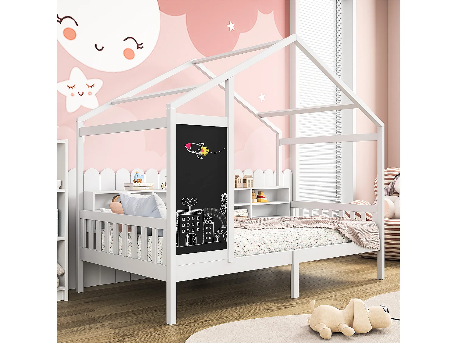 Letto per bambini 90 x 200 cm - Bianco - con lavagna e ripiano portaoggetti - Robusta rete a doghe in pino - Struttura per letto per bambini