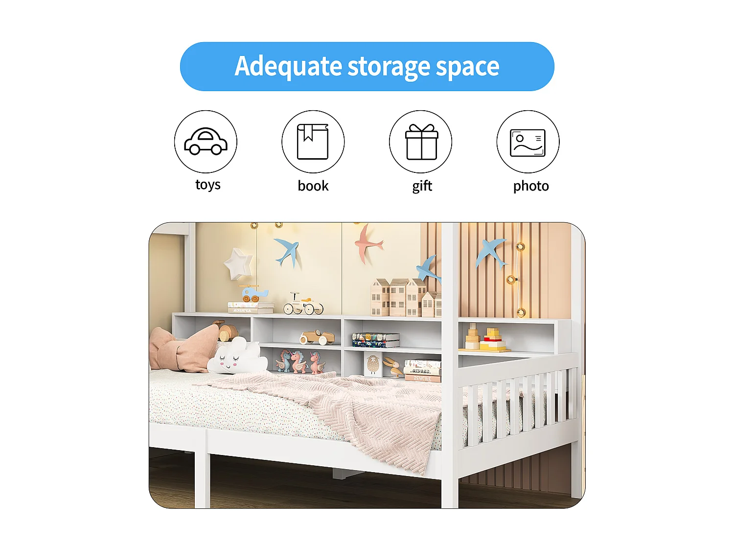 Letto per bambini 90 x 200 cm - Bianco - con lavagna e ripiano portaoggetti - Robusta rete a doghe in pino - Struttura per letto per bambini