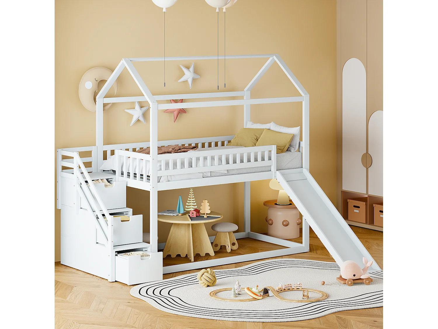 Beliche infantil 90x200 cm, cama alta com escorrega e escada de arrumação, barreira alta, estrutura de cama em madeira maciça, branco