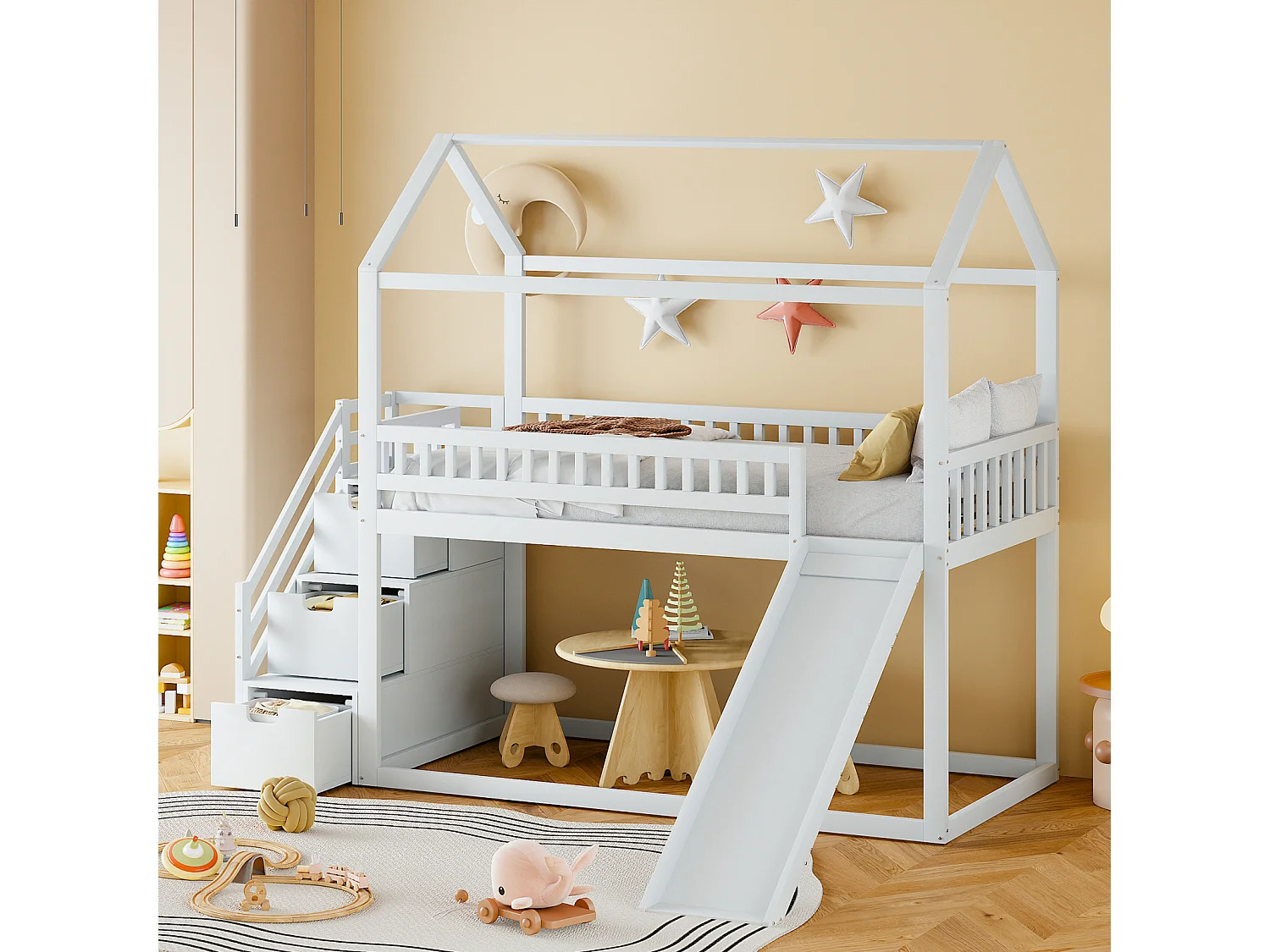 Beliche infantil 90x200 cm, cama alta com escorrega e escada de arrumação, barreira alta, estrutura de cama em madeira maciça, branco