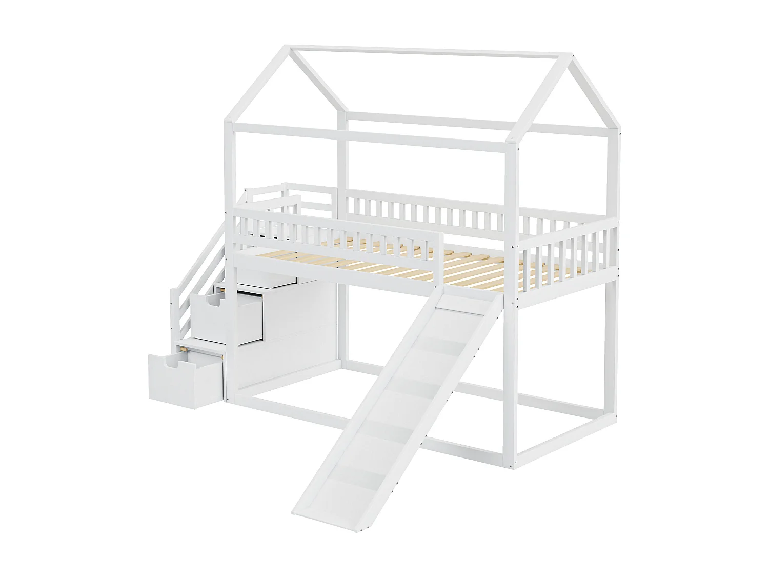 Beliche infantil 90x200 cm, cama alta com escorrega e escada de arrumação, barreira alta, estrutura de cama em madeira maciça, branco
