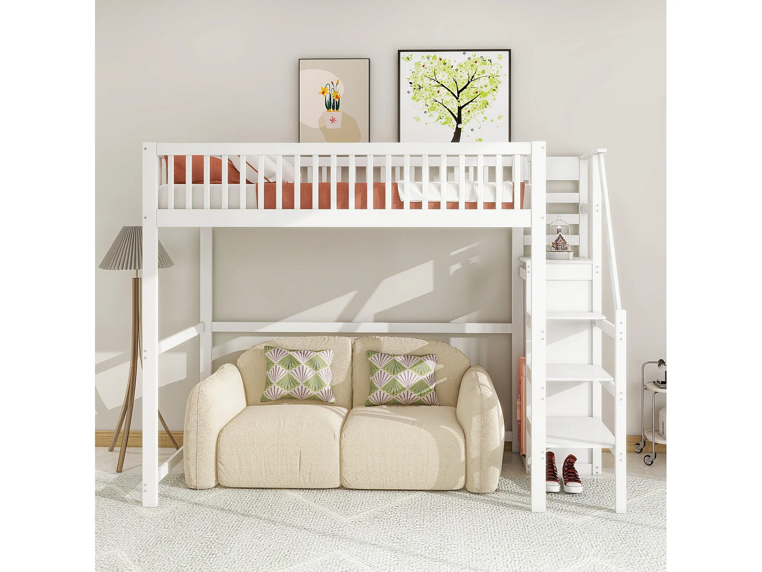Lit mezzanine 90x200cm - lit enfant avec escalier avec armoir, sommier à lattes, antichute - blanc