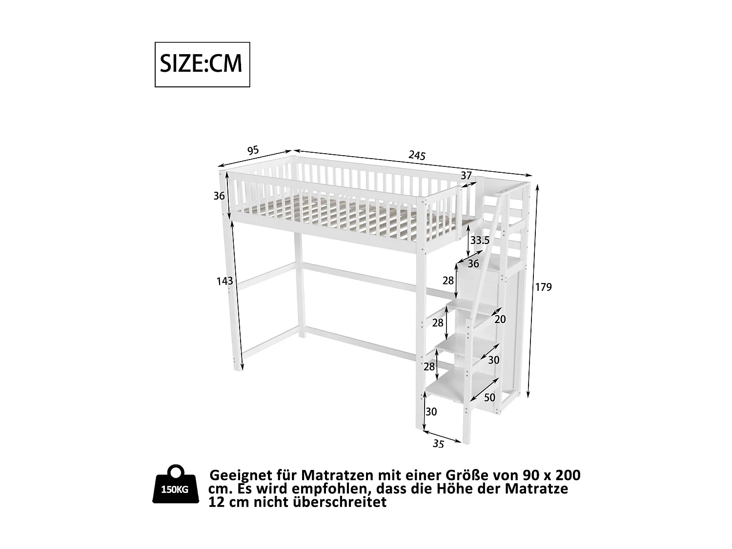 Lit mezzanine 90x200cm - lit enfant avec escalier avec armoir, sommier à lattes, antichute - blanc