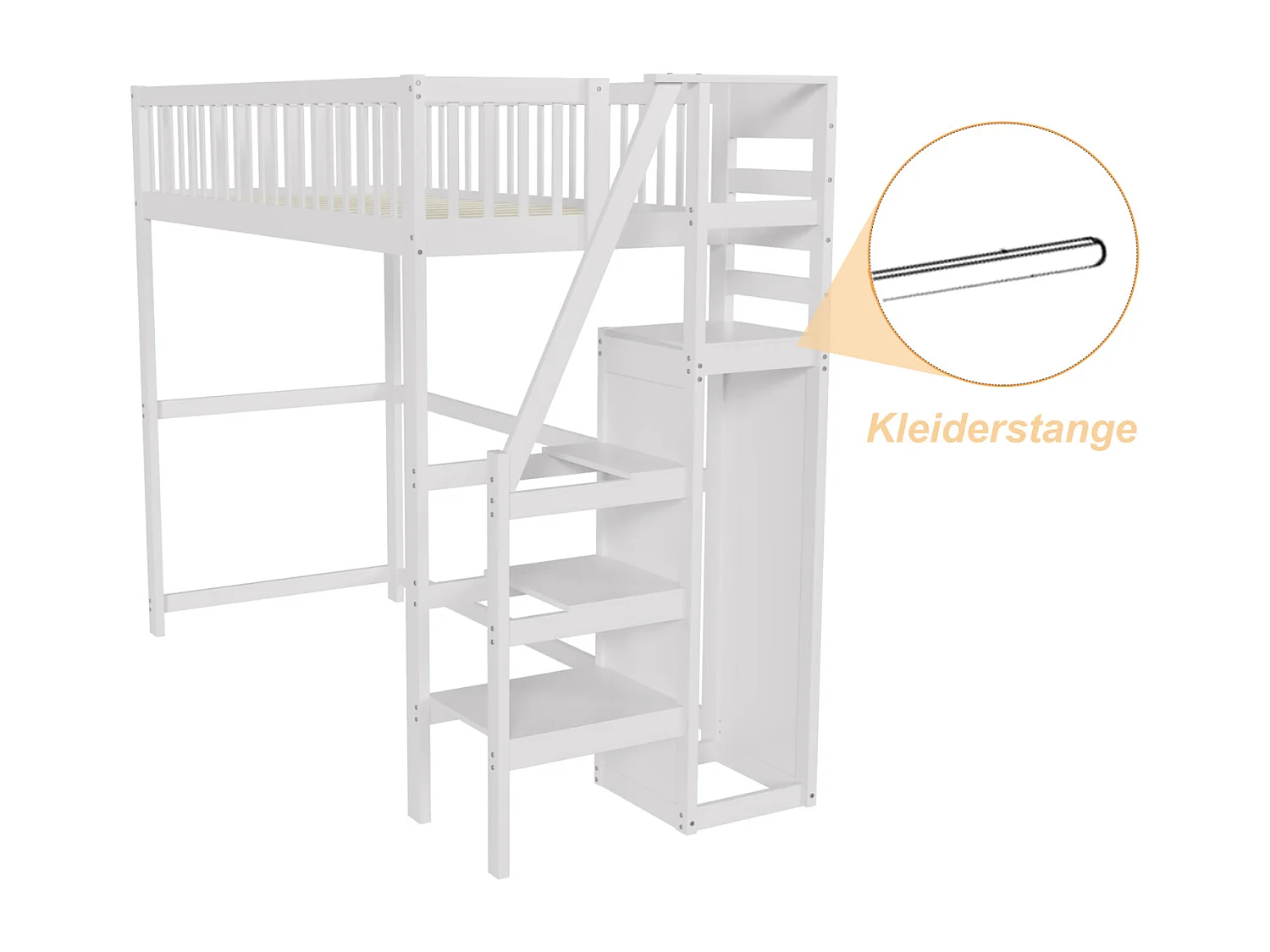 Lit mezzanine 90x200cm - lit enfant avec escalier avec armoir, sommier à lattes, antichute - blanc