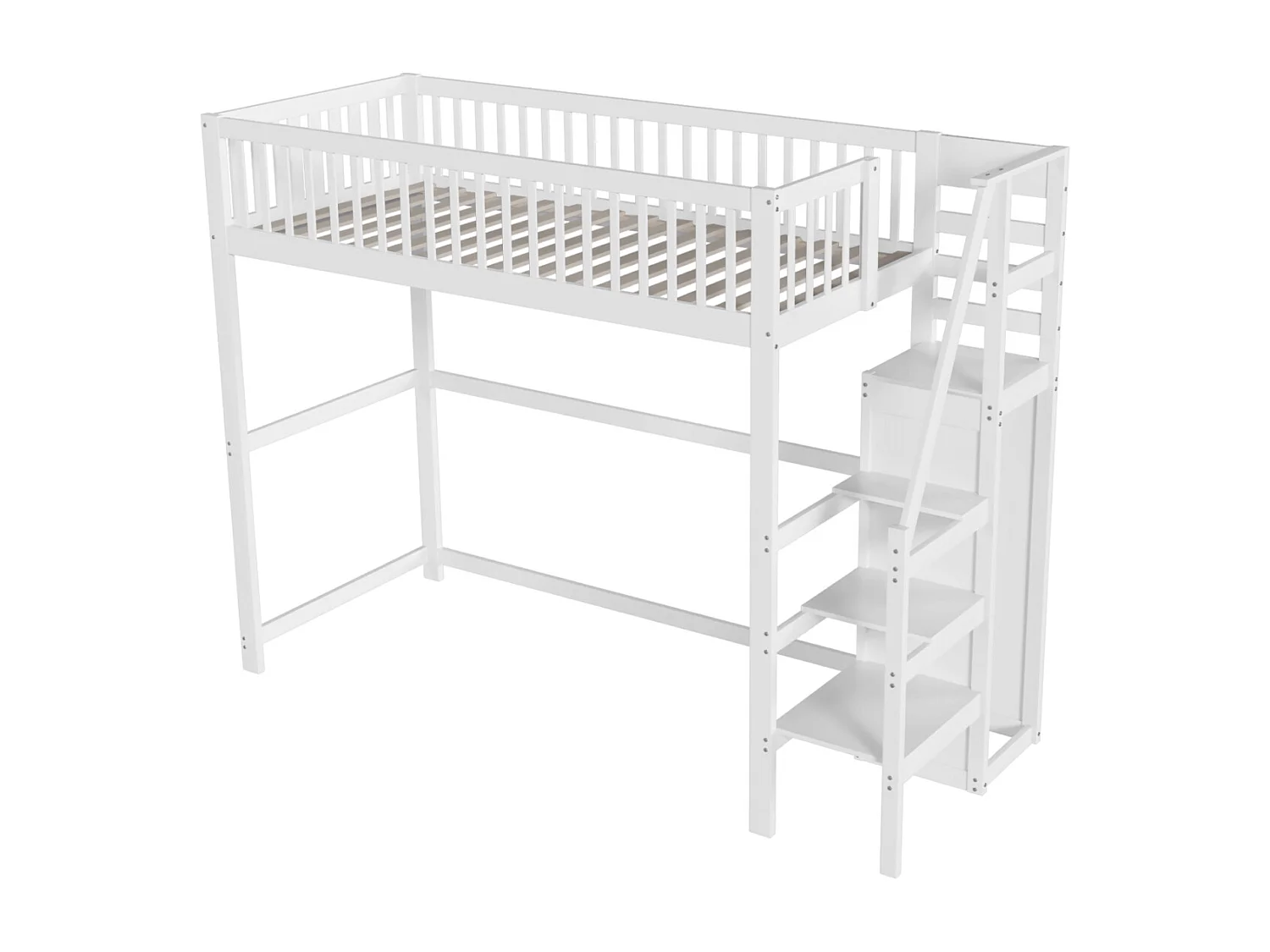 Lit mezzanine 90x200cm - lit enfant avec escalier avec armoir, sommier à lattes, antichute - blanc