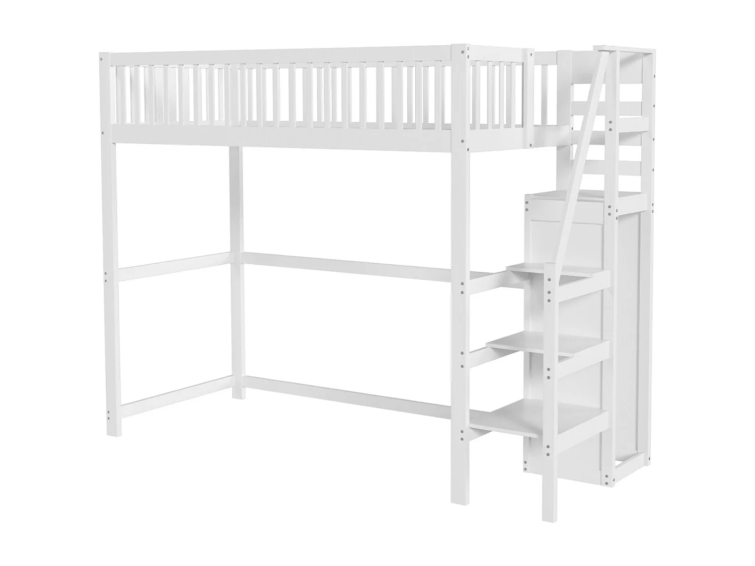 Lit mezzanine 90x200cm - lit enfant avec escalier avec armoir, sommier à lattes, antichute - blanc