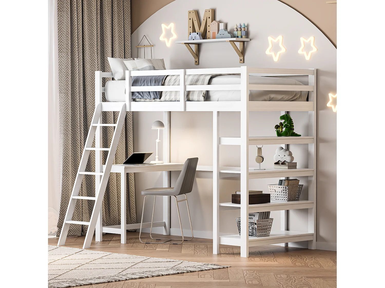 Lit Mezzanine pour Enfant, 90 x 200 cm, avec Compartiments de Rangement et Bureau sous Le lit, Blanc, étagère de Rangement à Quatre Couches, Grande capacité