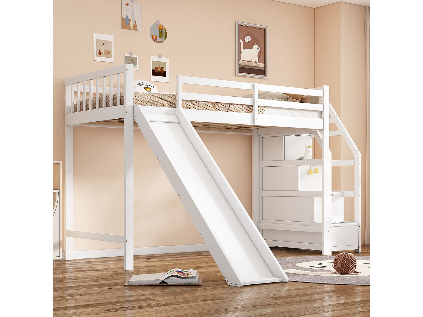 Lettino A Soppalco Per Bambini 90x200 Cm Con Scivolo E Scala Contenitore - Struttura In Legno Massiccio Bianco, Ringhiera Alta, Rete A Doghe