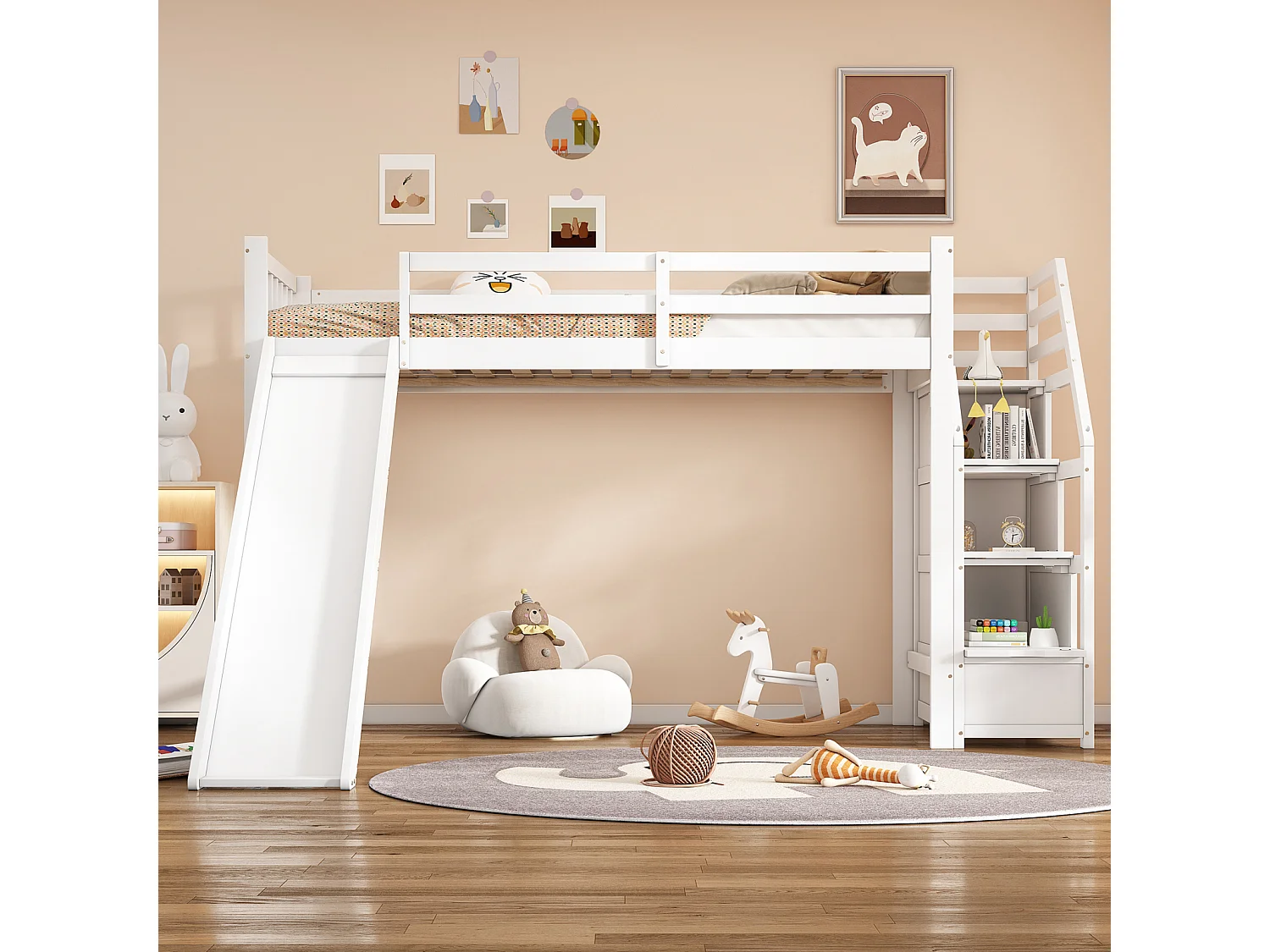 Cama alta 90x200cm, cama infantil com escorrega, escada de arrumação, certificação EN747, branca