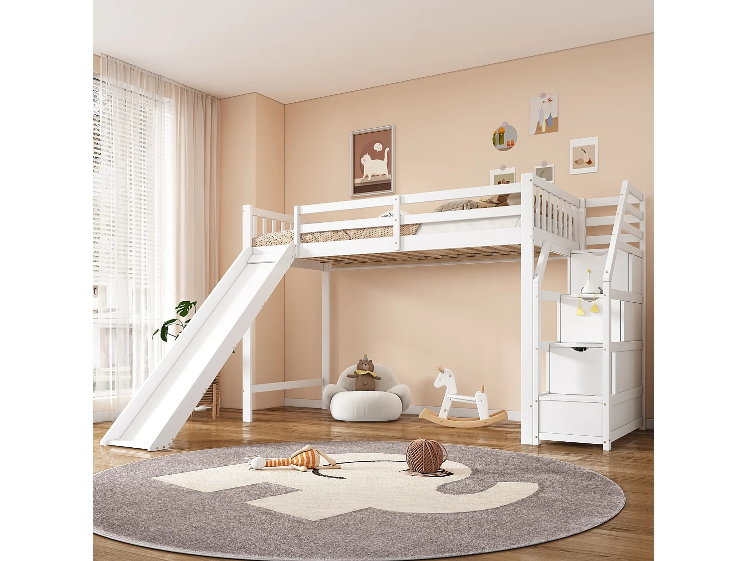 Cama alta 90x200cm, cama infantil com escorrega, escada de arrumação, certificação EN747, branca