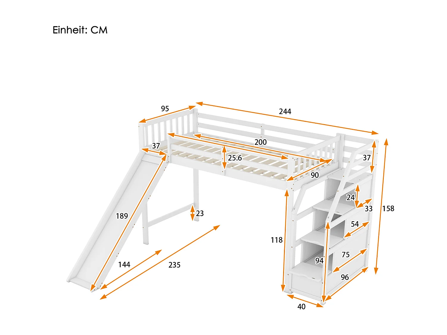 Cama alta 90x200cm, cama infantil com escorrega, escada de arrumação, certificação EN747, branca