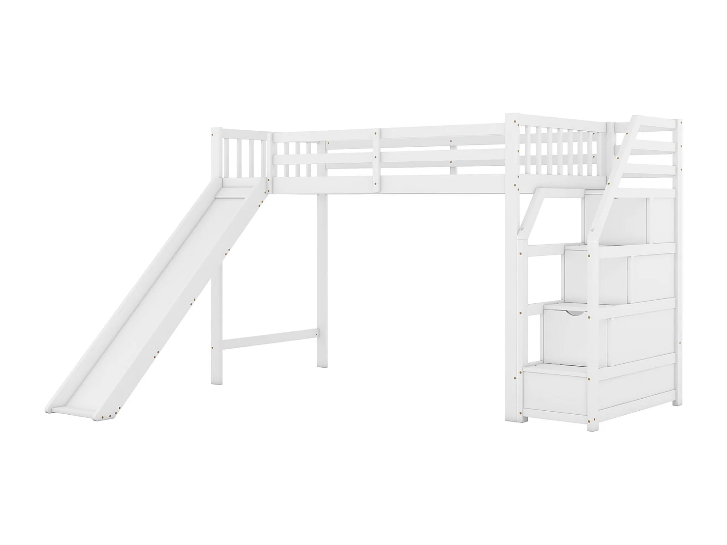 Cama alta 90x200cm, cama infantil com escorrega, escada de arrumação, certificação EN747, branca