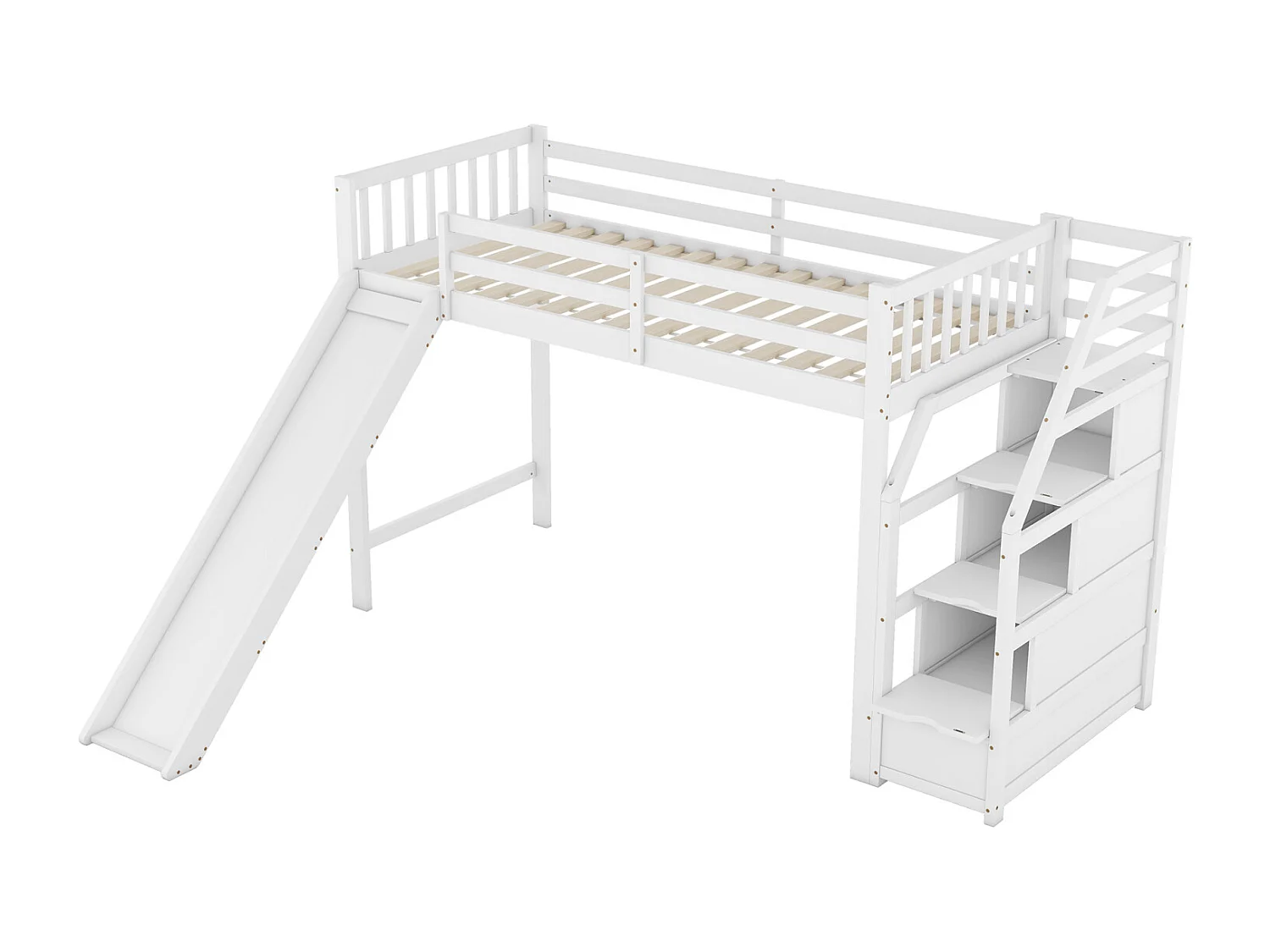 Cama alta 90x200cm, cama infantil com escorrega, escada de arrumação, certificação EN747, branca