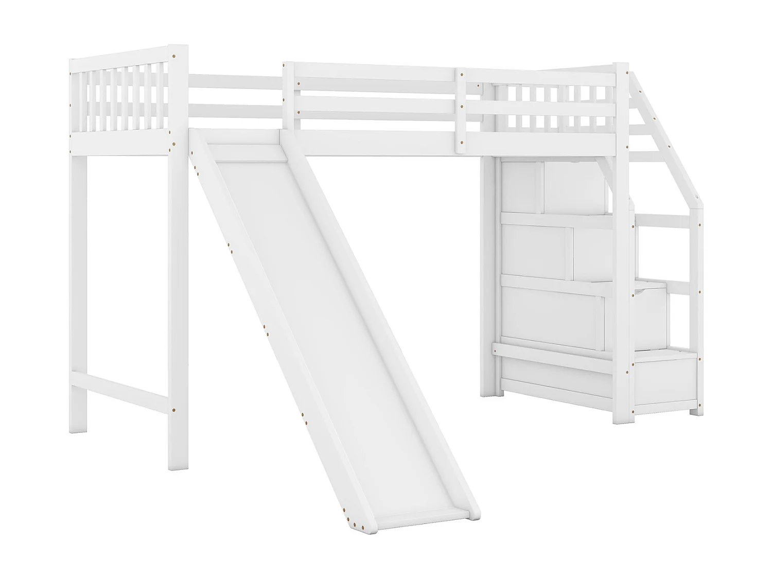 Cama alta 90x200cm, cama infantil com escorrega, escada de arrumação, certificação EN747, branca